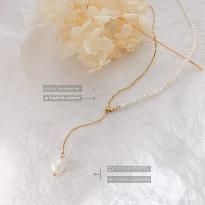 珍珠小姐 | 法式ins風飾品鈦鋼鎖骨鏈可抽拉流蘇淡水珍珠復古項鍊
