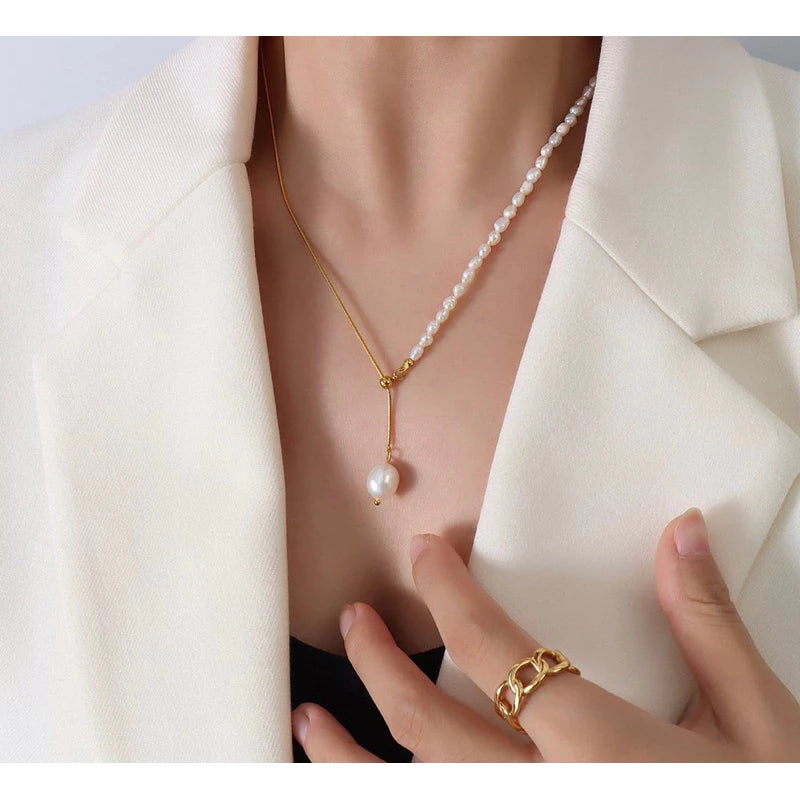 珍珠小姐 | 法式ins風飾品鈦鋼鎖骨鏈可抽拉流蘇淡水珍珠復古項鍊
