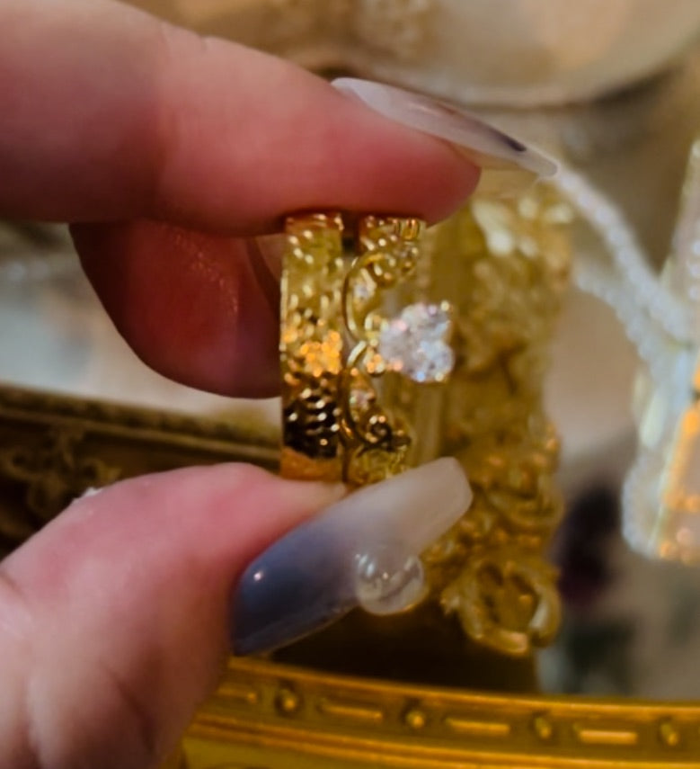 Anillo doble apilable con corona de circonitas y corazón de amor de cobre de 18 quilates resistente a la decoloración