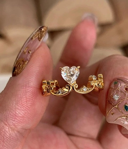 Anillo doble apilable con corona de circonitas y corazón de amor de cobre de 18 quilates resistente a la decoloración