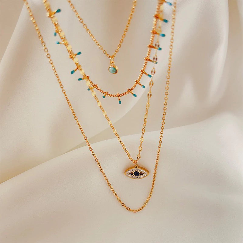 波西米亞風多層精細土耳其藍鈦鋼項鍊 不褪色項鍊