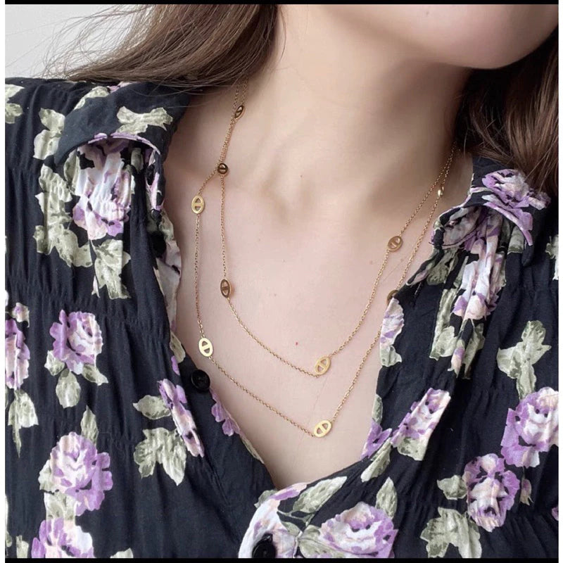 18K金輕奢兩戴豬鼻子項鍊 氣質鈦鋼18k j不掉色頸鍊 長款毛衣鏈