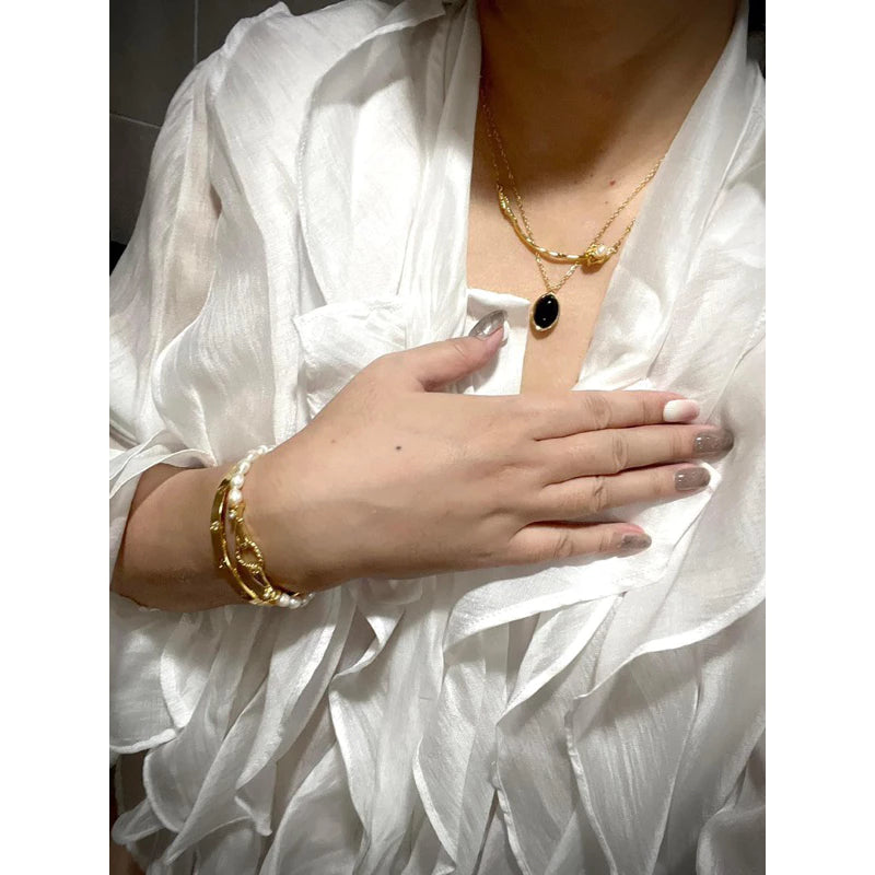 珍珠小姐 | 法式 小眾設計鈦鋼鍍18K金女款項鍊 簡約 珍珠 玫瑰花朵 輕奢 優雅鎖骨鏈