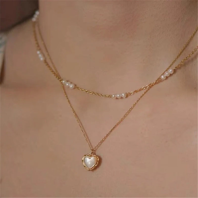 法式復古貓眼石愛心雙面項鏈