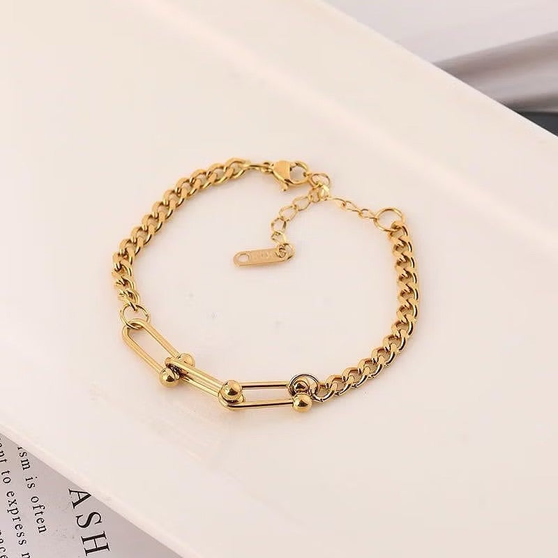 精選鈦鋼 金色馬蹄鏈古巴鏈拼接手鍊不褪色手鍊