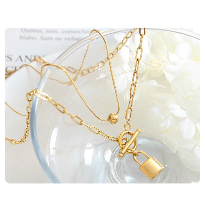 歐美 冷淡 ins風 潮款 個性 OT扣 兩戴鎖頭 鋼珠 吊墜 多層疊戴 項鍊 女