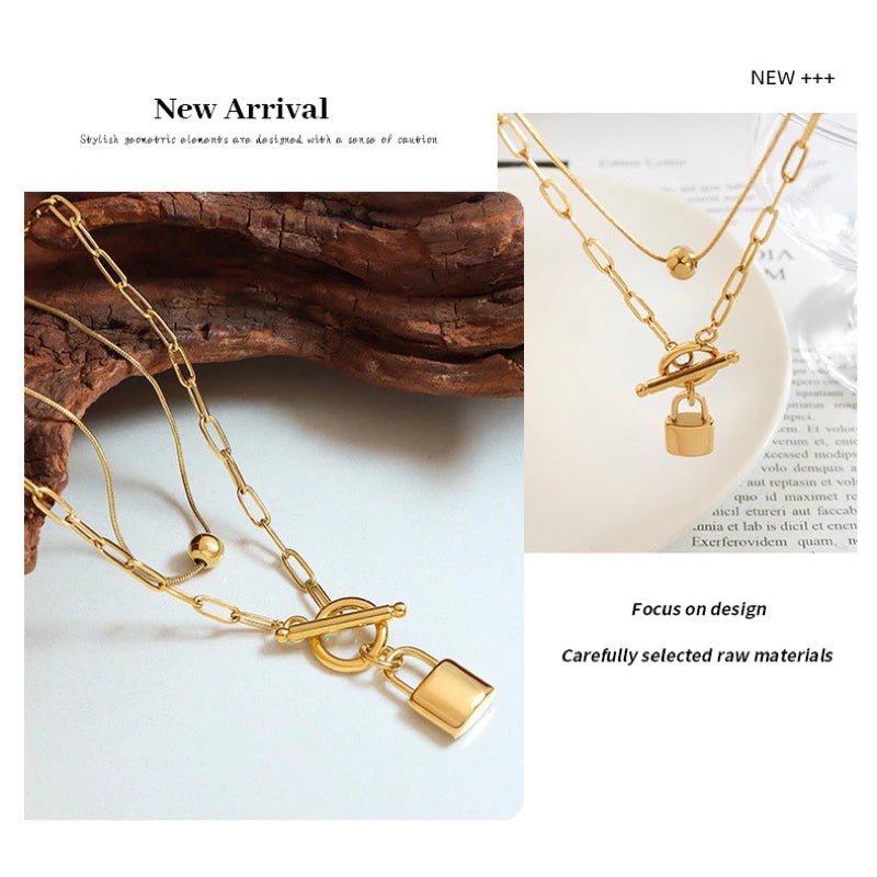 歐美 冷淡 ins風 潮款 個性 OT扣 兩戴鎖頭 鋼珠 吊墜 多層疊戴 項鍊 女