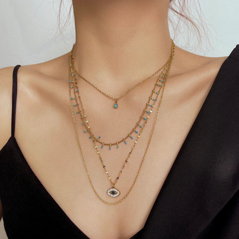 波西米亞風多層精細土耳其藍鈦鋼項鍊 不褪色項鍊