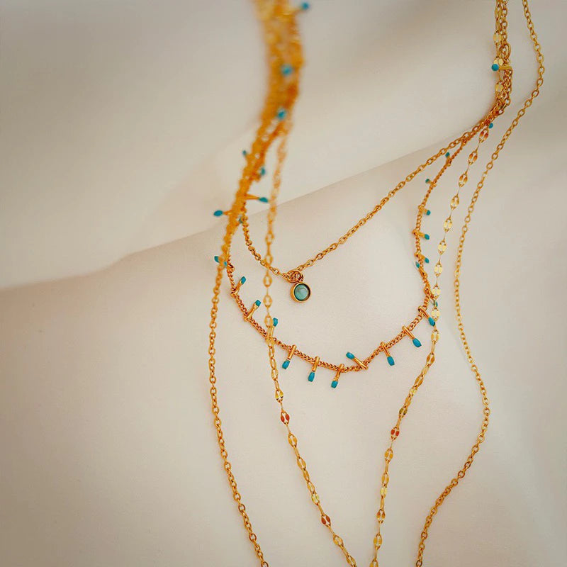 波西米亞風多層精細土耳其藍鈦鋼項鍊 不褪色項鍊