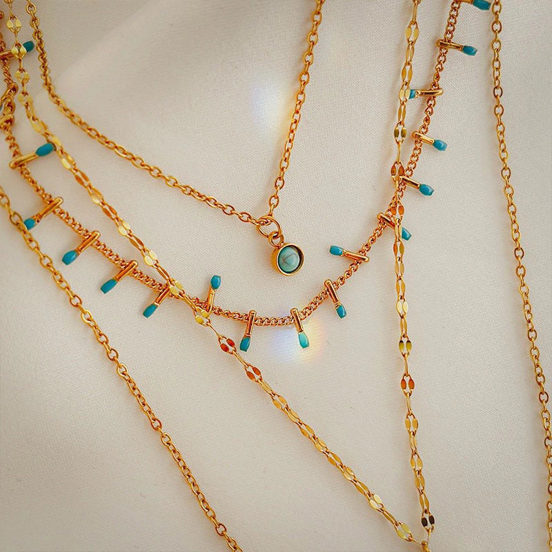 波西米亞風多層精細土耳其藍鈦鋼項鍊 不褪色項鍊