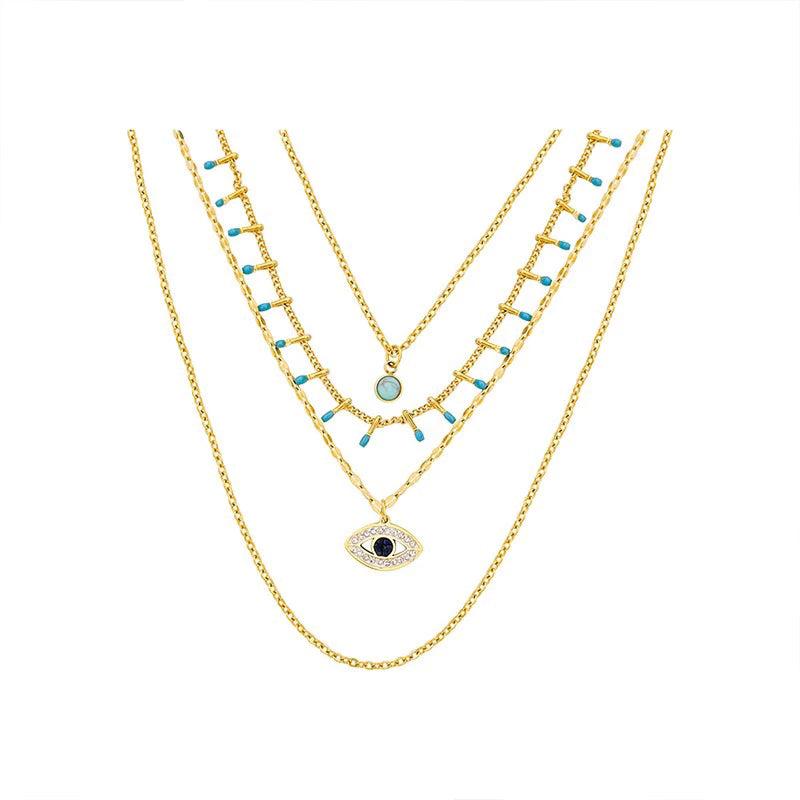 波西米亞風多層精細土耳其藍鈦鋼項鍊 不褪色項鍊