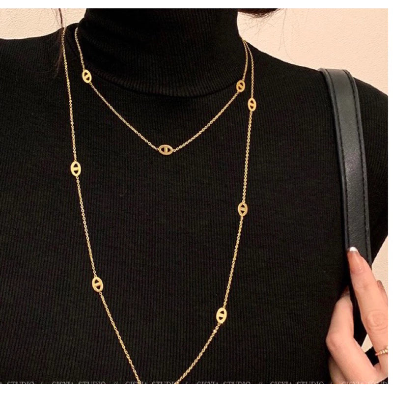 18K金輕奢兩戴豬鼻子項鍊 氣質鈦鋼18k j不掉色頸鍊 長款毛衣鏈