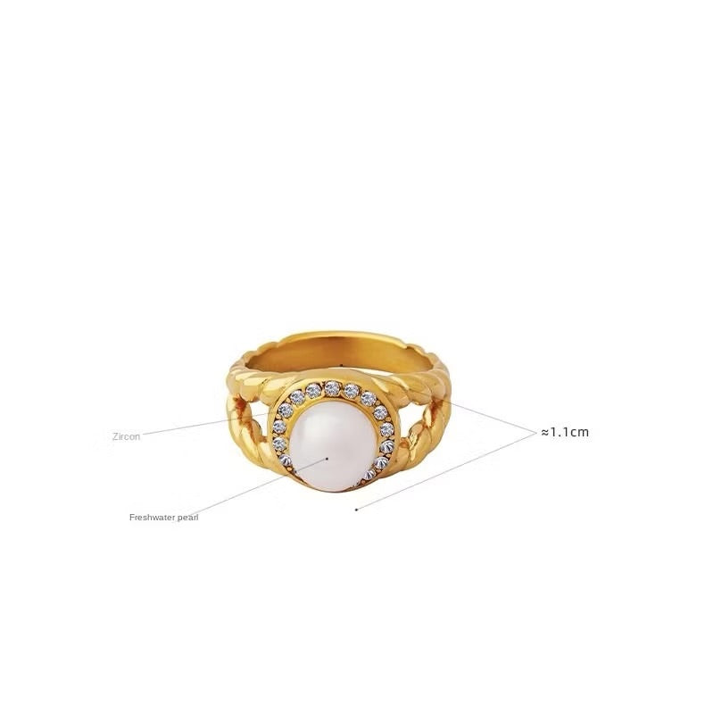 Anillo de lujo francés retro ligero de acero de titanio con circonita de 18 quilates y perla de agua dulce