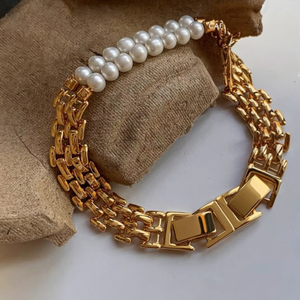 珍珠小姐｜淡水珍珠錶鍊金色迴廊扣式手鍊
Miss Pearl｜Golden Corridor Bracelet
