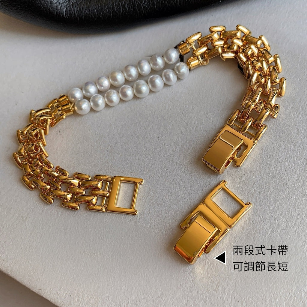 珍珠小姐｜淡水珍珠錶鍊金色迴廊扣式手鍊
Miss Pearl｜Golden Corridor Bracelet