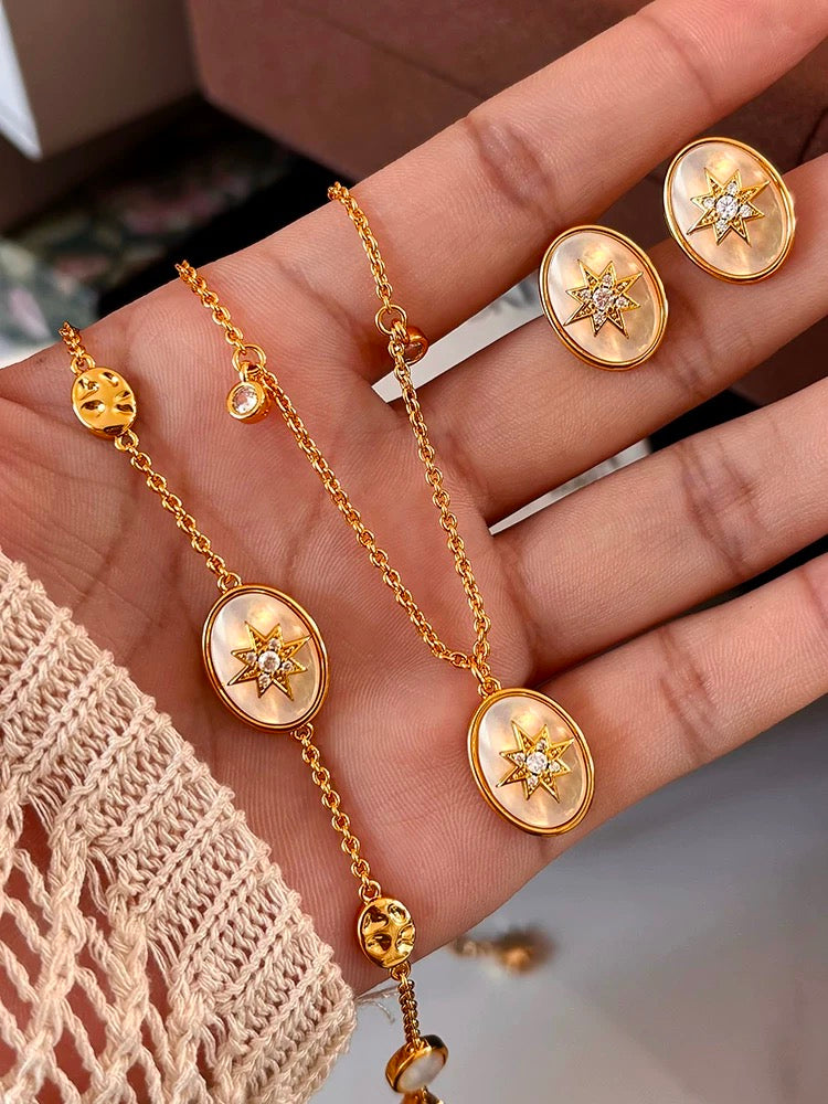 🌙 星月神話系列｜月光星芒天然白貝母耳飾