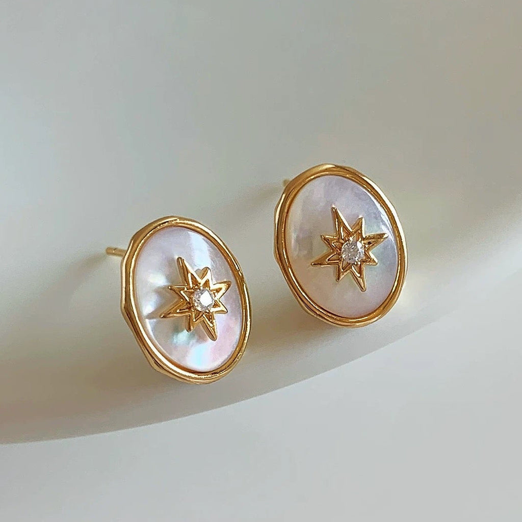 🌙 星月神話系列｜月光星芒天然白貝母耳飾