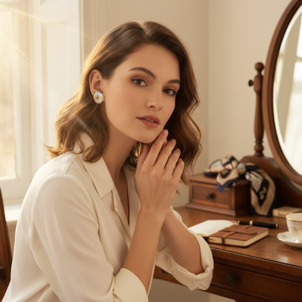 🌙 星月神話系列｜月光星芒天然白貝母耳飾